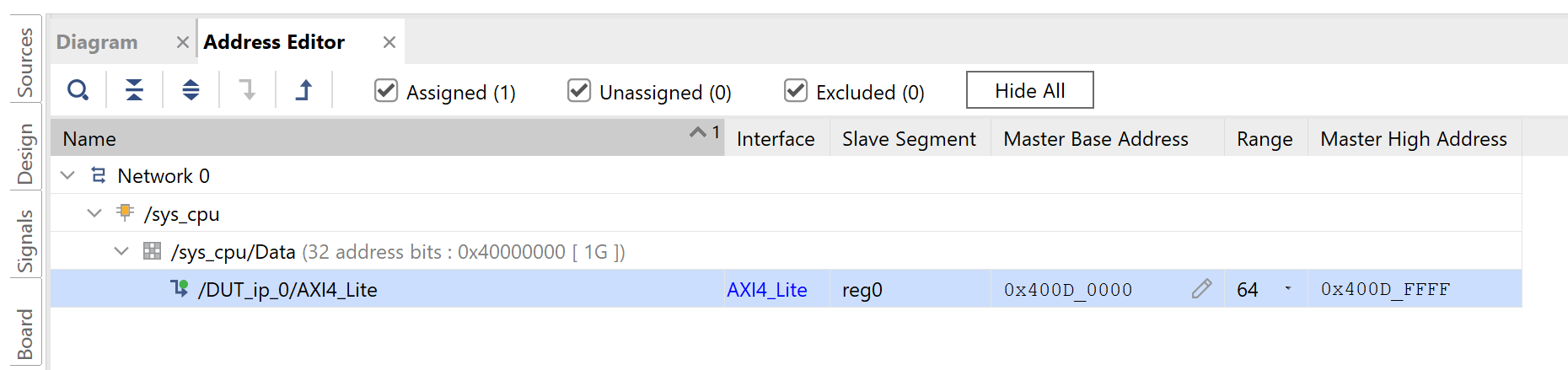 Address Editor with DUT_ip_0 AXI4_Lite interface assigned base address 0x400D_0000