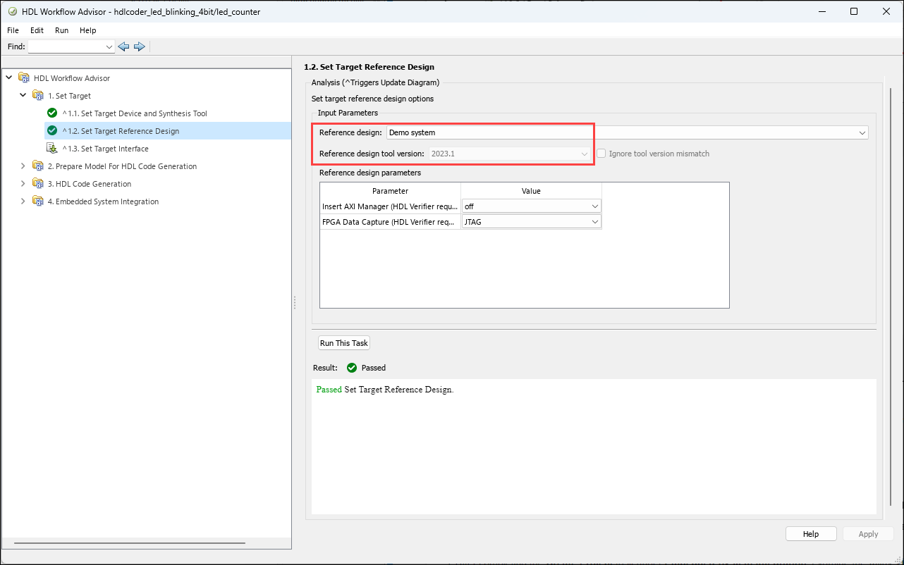 Selecting Reference design in Set Target Reference Design task folder in HDL Workflow Advisor