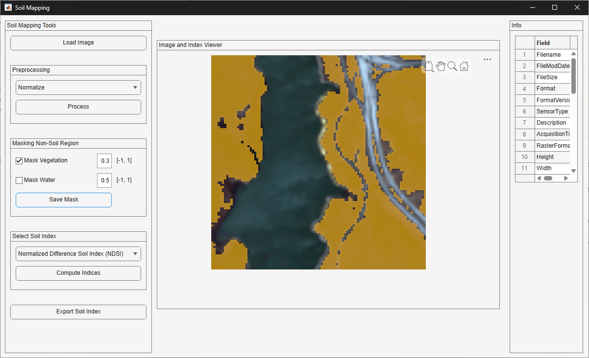 App showing the vegetation and water mask overlay on the image.