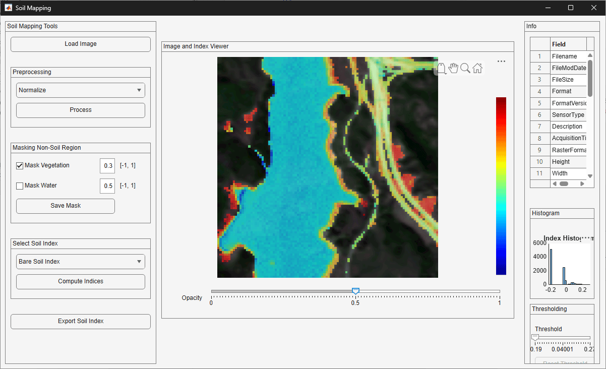 App displaying the NDSI index map overlaid on the image with colorbar and opacity slider visible.
