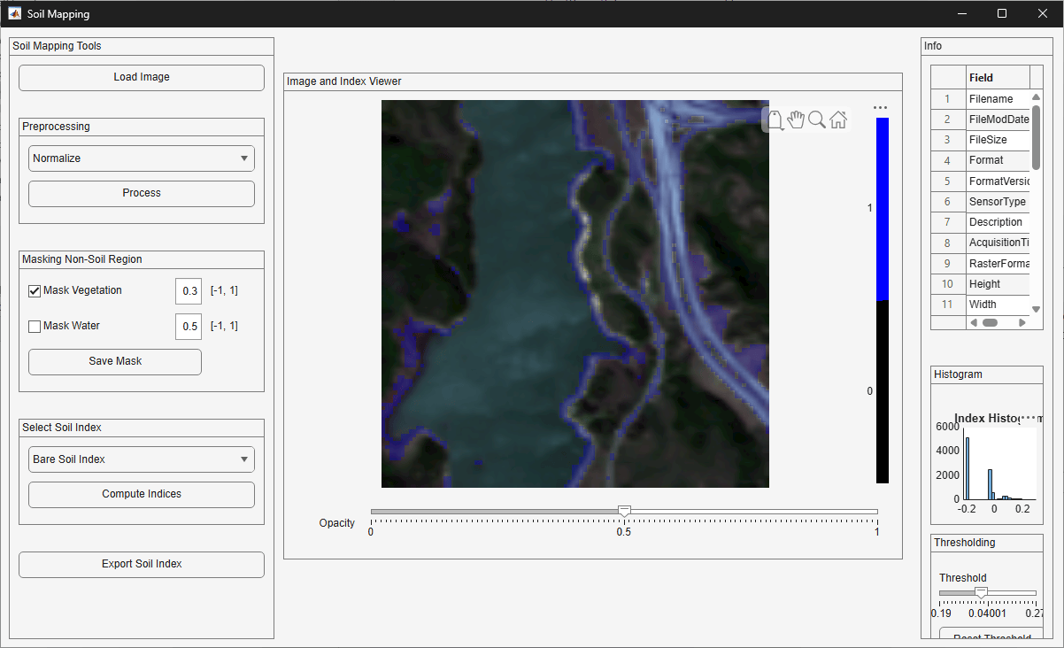 App showing a binary thresholded map with the threshold slider adjusted and histogram visible.