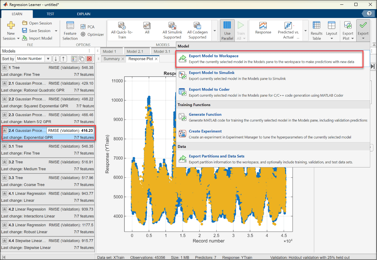 Regression Learner app with Export menu open, showing Export Model to Workspace option highlighted