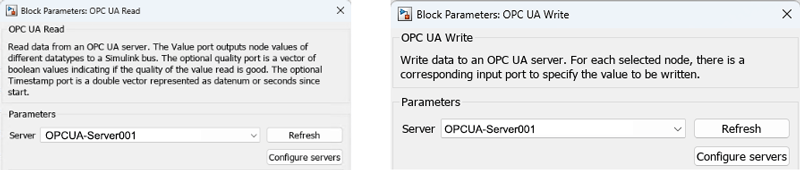 OPC UA Read and OPC UA Write block parameter dialog boxes with OPCUA-Server001 selected in the Server drop-down list