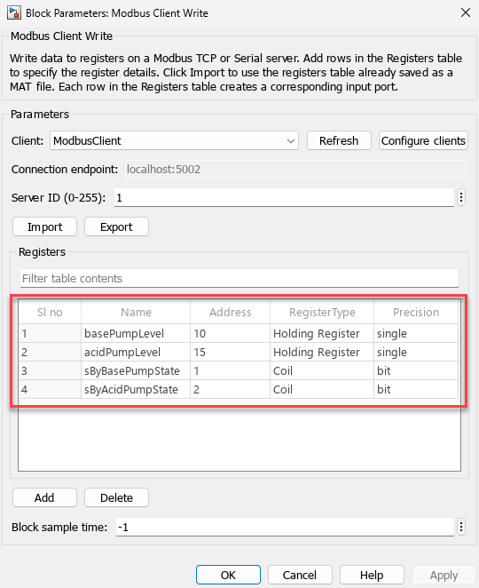 Modbus Client Write Block Parameters