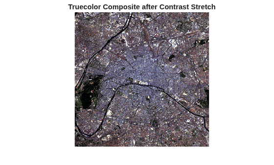 Figure contains an axes object. The hidden axes object with title Truecolor Composite after Contrast Stretch contains an object of type image.