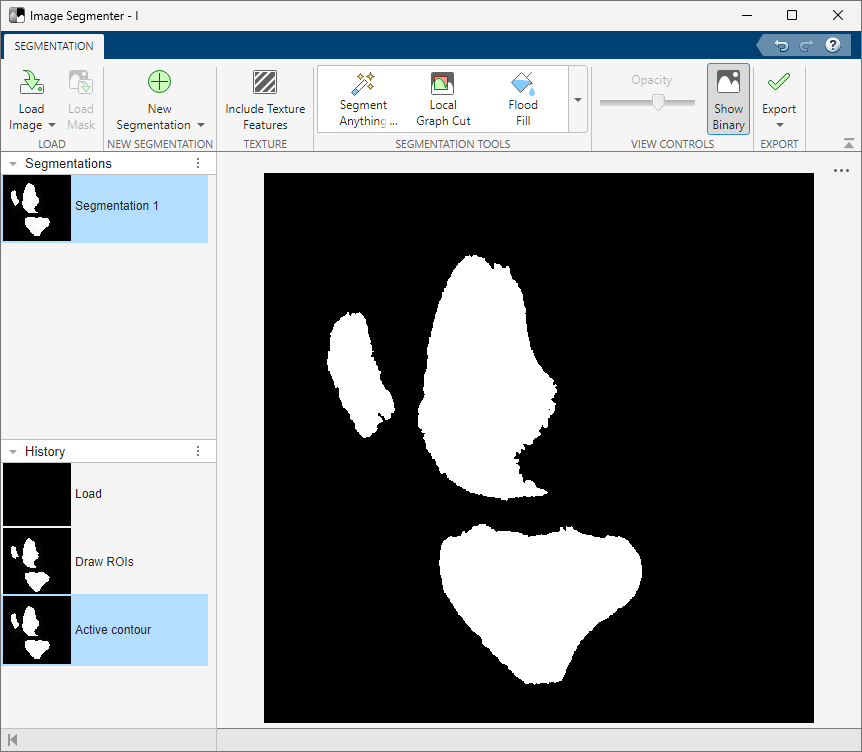 The screenshot shows the image with Show Binary selected. The background is in black and the three segments are filled in with white.