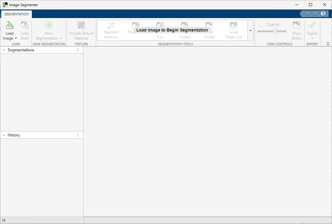 The main opening screen of the Image Segmenter app with the instruction "Load image to begin segmentation".