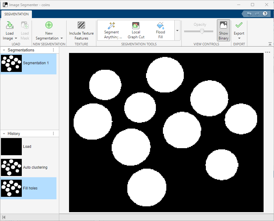 The screenshot shows the image with Show Binary selected. The background is in black and the coins are in white.