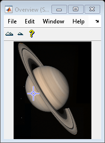 Figure Overview (Saturn) contains an axes object and other objects of type uipanel, uitoolbar, uimenu. The hidden axes object contains 8 objects of type line, patch, image.