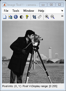 Figure Image Tool 1 - cameraman.tif contains an axes object and other objects of type uimenu, uitoolbar, uipanel. The hidden axes object contains an object of type image.