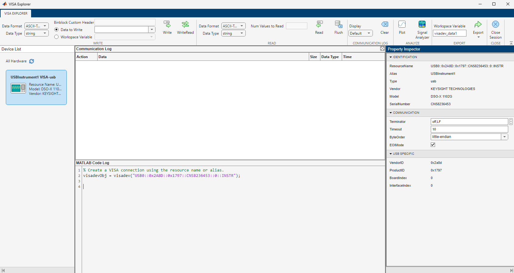 Default view of the VISA Explorer application. The toolstrip is at the top. The Device List is on the left. The Communication Log is above the MATLAB Code Log in the center. The Property Inspector is on the right.