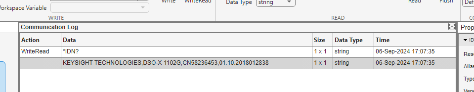 Communication Log with rows displaying the *IDN command and the oscilloscope's response.