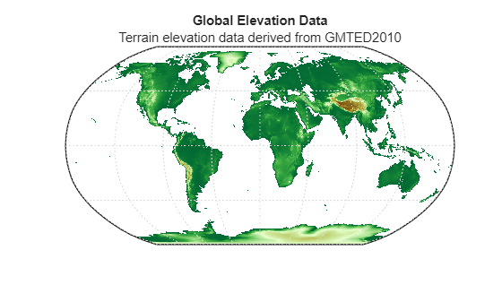 Figure contains an axes object. The hidden axes object with title Global Elevation Data contains 4 objects of type patch, surface, line.