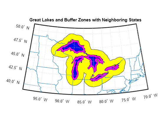 Figure contains an axes object. The hidden axes object with title Great Lakes and Buffer Zones with Neighboring States contains 19 objects of type patch, line, text.