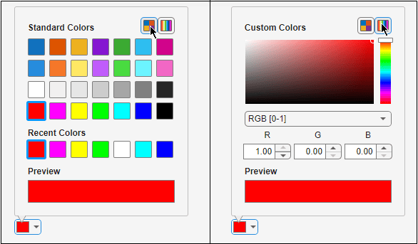 Two views of an expanded color picker component. The Standard Colors view shows predefined common colors, recent colors, and a preview of the selected color. The Custom Colors view shows a color gradient, controls to specify RGB color values, and a preview of the selected color.