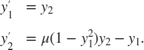 $$ \begin{array}{cl} y'_1 &= y_2\\ y'_2 &= \mu (1-y_1^2) y_2 - y_1.\end{array} $$