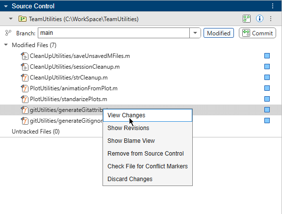 Source Control panel displaying 7 modified files int the repository with the context menu open