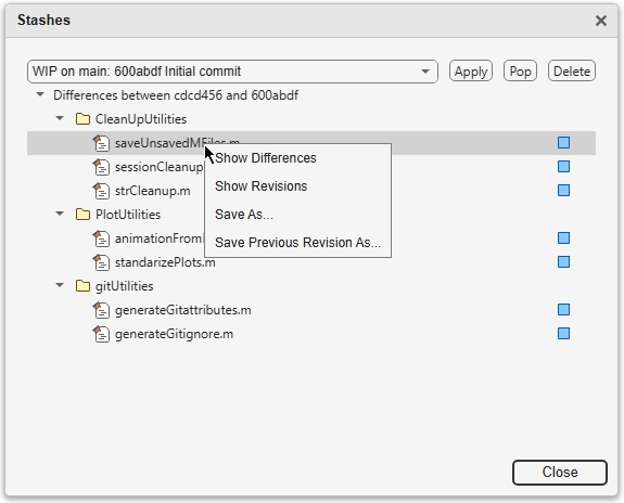 Stashes dialog box displays the list of modified files, context menu, and Apply, Pop, and Delete buttons.