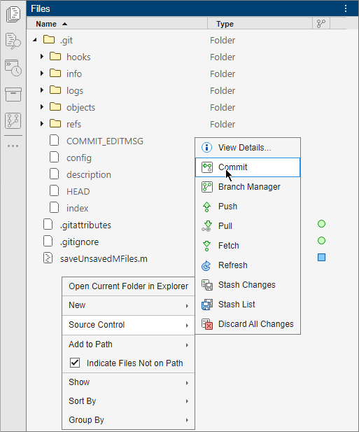 Files browser showing a context menu with the Source Control > Commit option selected
