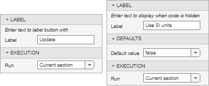 Configuration windows for the button and the check box