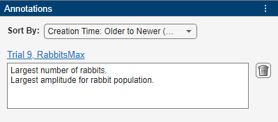 Annotation for the cell in the table of results corresponding to Trial 9 and the RabbitsMax output: "Largest number of rabbits. Largest amplitude for rabbit population."