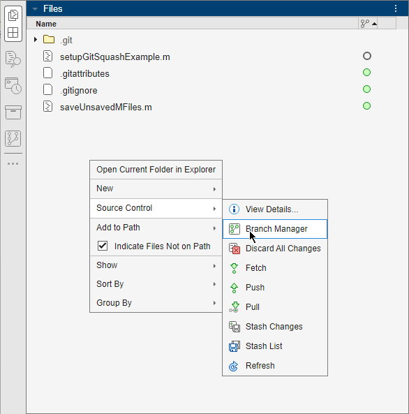 Files panel showing a Git repository. A context menu shows the Source Control > Branch Manager option.