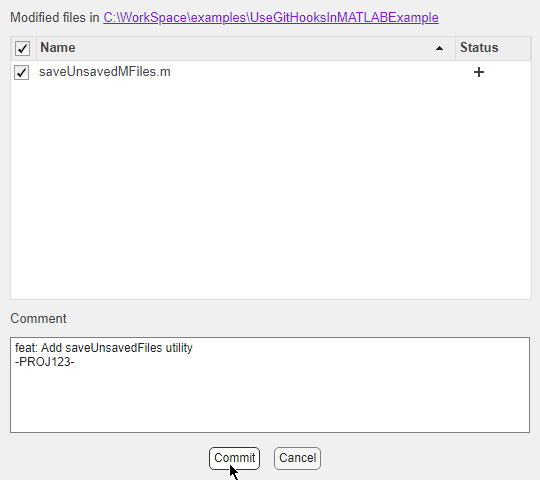 View and Commit Changes dialog box that includes the list of modified files, the comment field showing the commit message that starts with "feat:", and Commit and Cancel buttons