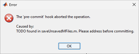 Error dialog forwarding the error from the pre-commit hook