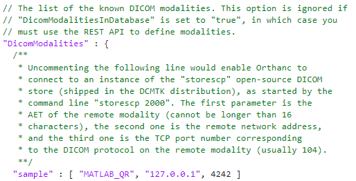Editing DicomModalities in orthanc.json file