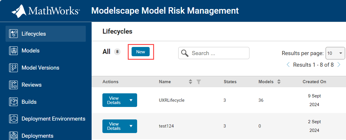 Lifecycles page, showing New button highlighted
