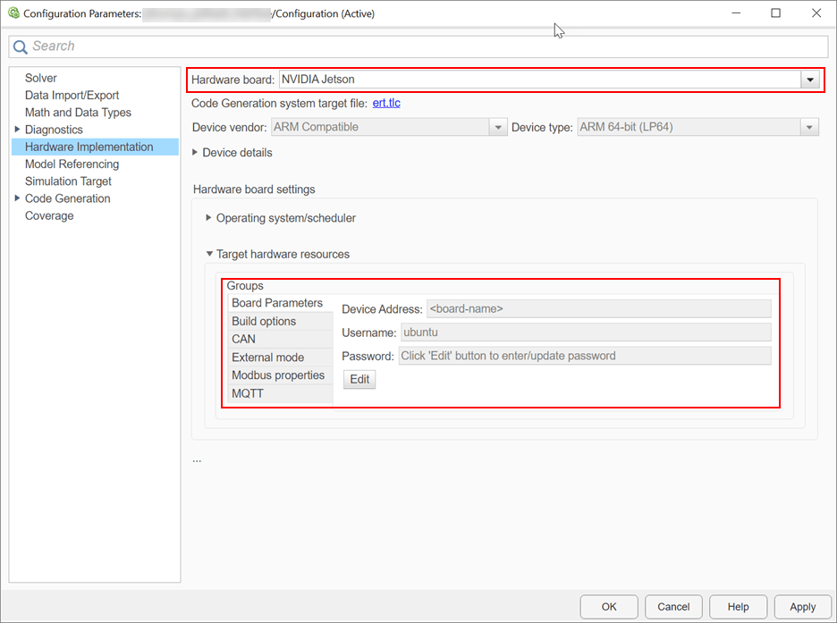 Configuration Parameters dialog box showing the Hardware Board and Board Parameters settings