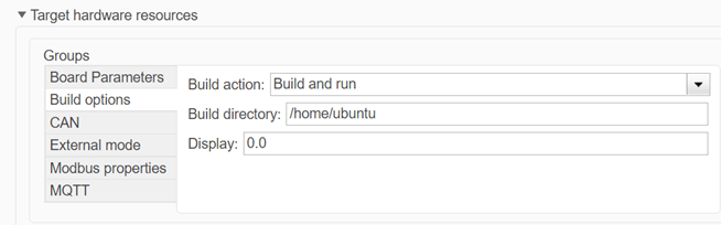 Configuration Parameters dialog box showing the Build Options section. The Build Action is set to Build and run and the Build Directory is set to /home/ubuntu. The Display parameter is set to 0.0.