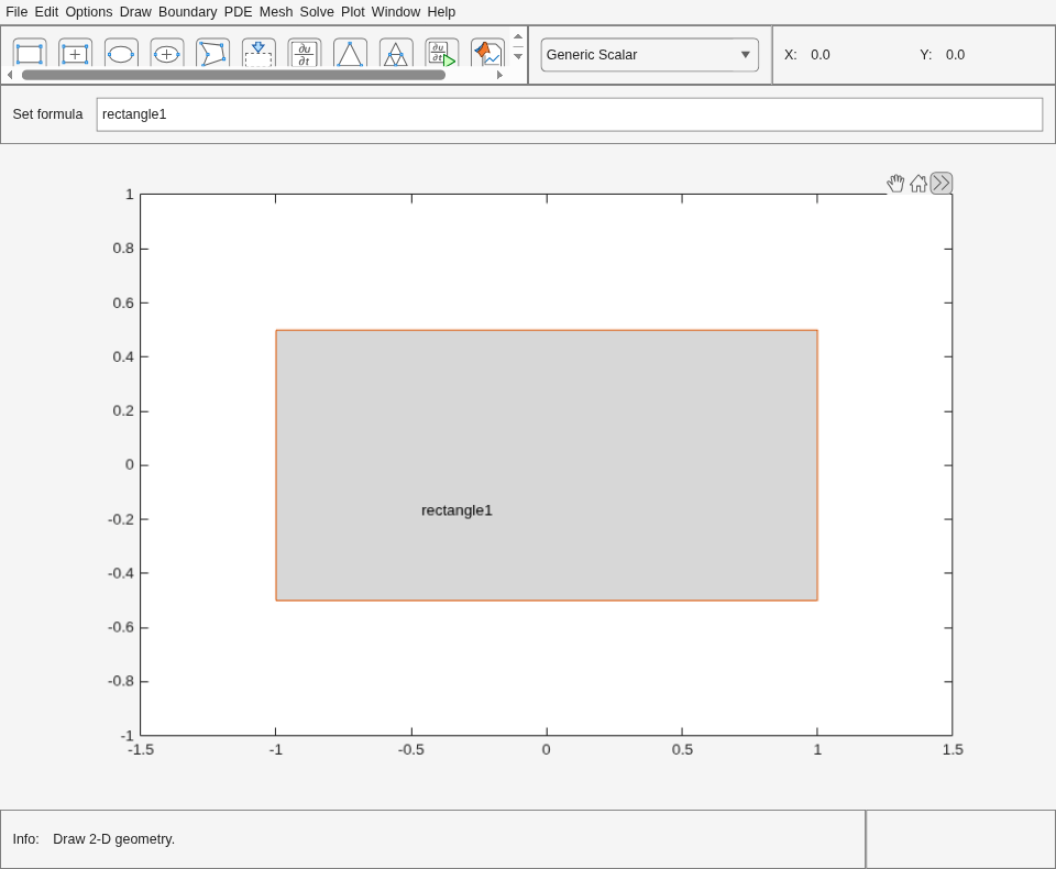 PDE Modeler app window displaying a rectangle named rectangle1