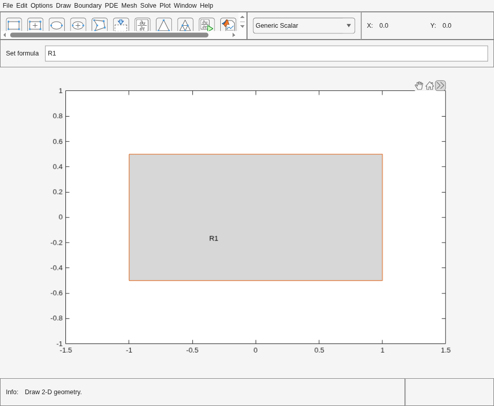 PDE Modeler app displaying rectangle R1 with specified corner coordinates.