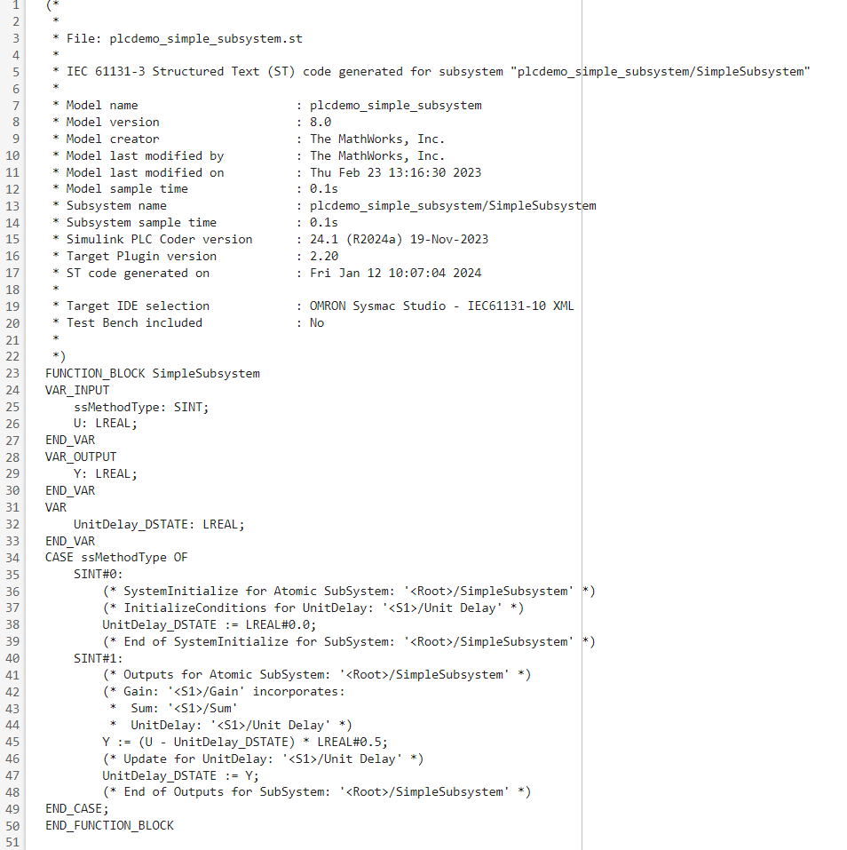 Generate Structured Text Code for a Simple Simulink Subsystem