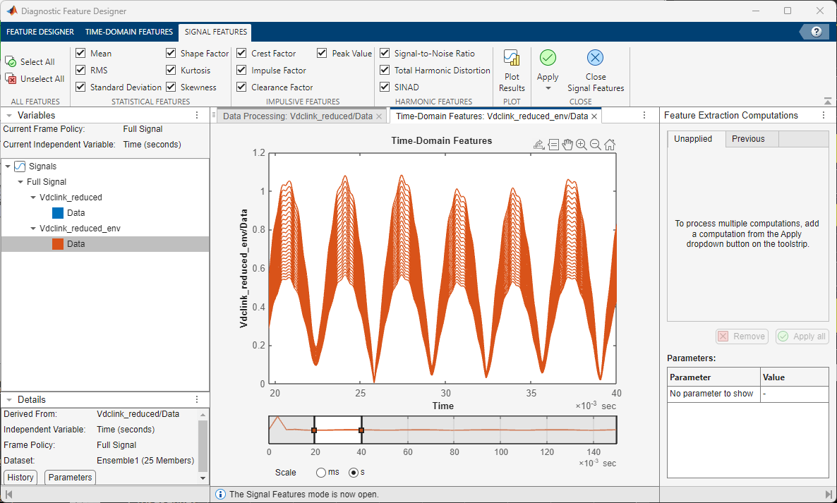 Screenshot of the Diagnostic Feature Designer app before extracting Signal Features from the simulation data.