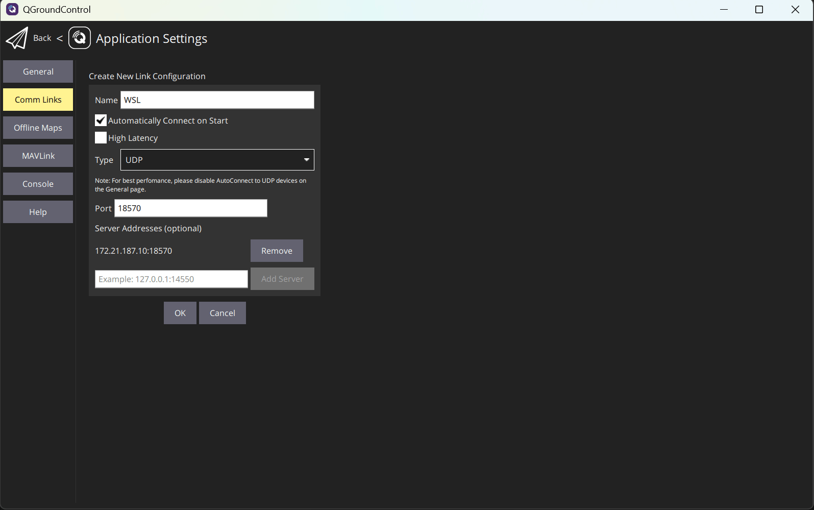 Create New Link Configuration menu in the Comm Links section of the Aplication settings of QGroundControl