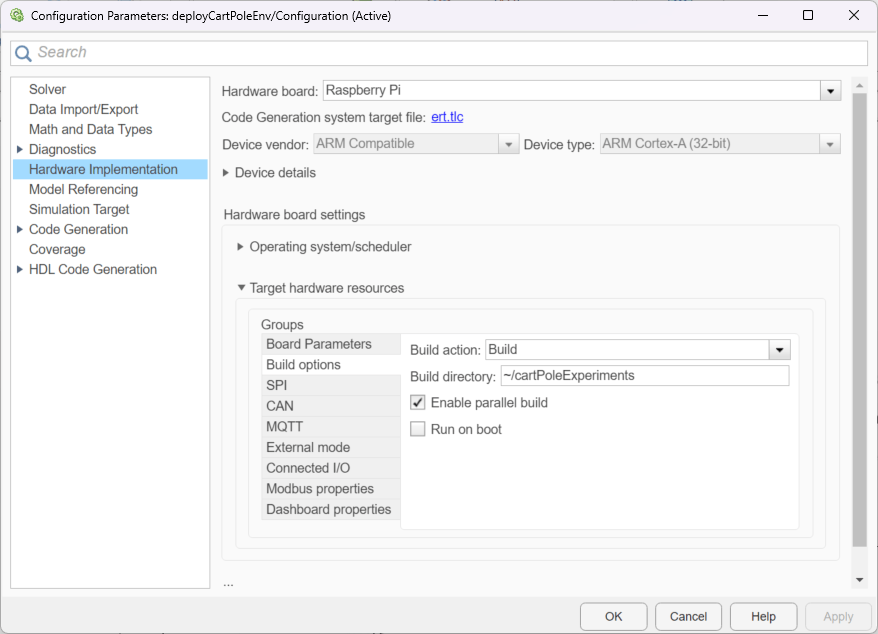 Configuration Parameters dialog showing Hardware Implementation settings with Raspberry Pi board and build directory ~/cartPoleExperiments