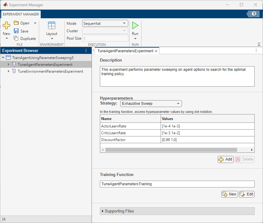 Experiment Manager showing agent hyperparameters: ActorLearnRate, CriticLearnRate, and DiscountFactor with Exhaustive Sweep strategy