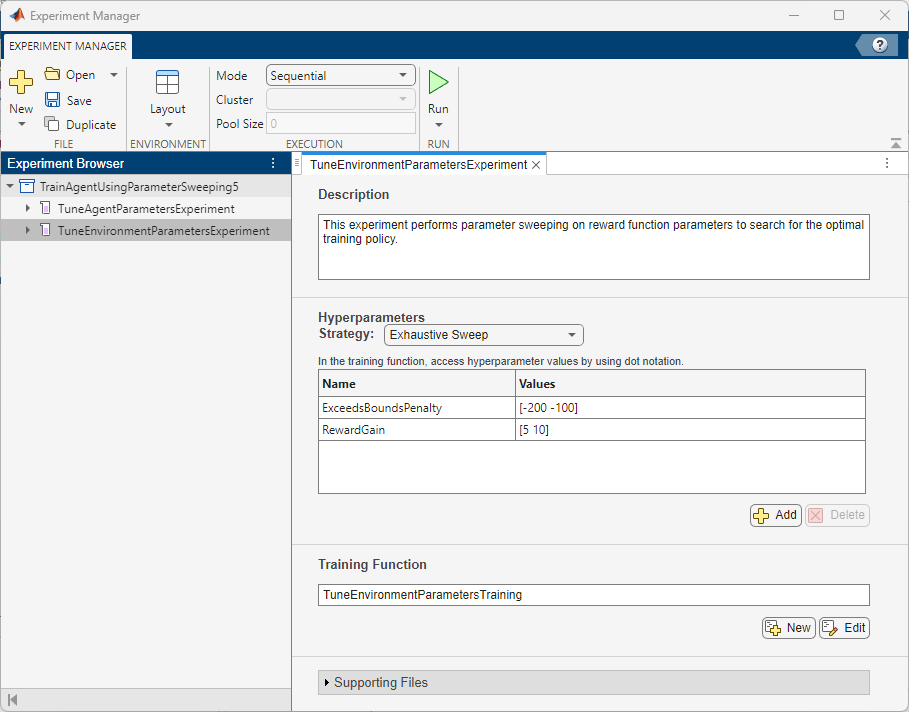 Experiment Manager showing environment hyperparameters: ExceedsBoundsPenalty and RewardGain with Exhaustive Sweep strategy