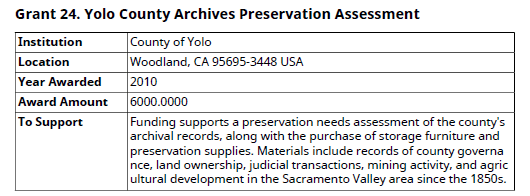 Table with labeled rows listing the institution, location, year awarded, award amount, and a detailed description of what the funding supports.