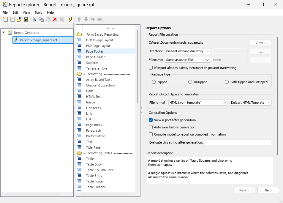 Report Explorer showing setup fie magic_squares.rpt