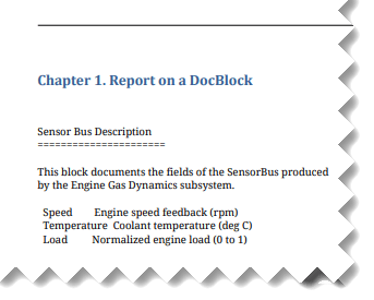 Report showing Chapter 1 "Report on a DocBlock", followed by information about properties of the Sensor Info Documentation block.