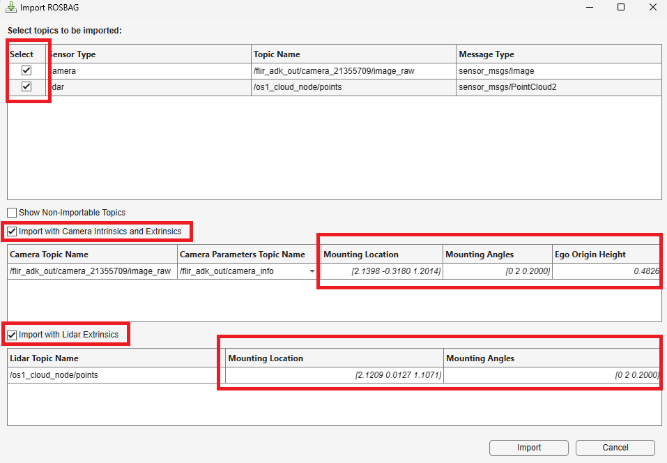 Import ROSBAG dialog box with camera and lidar topics selected, and additional sensor intrinsics and extrinsics parameters specified