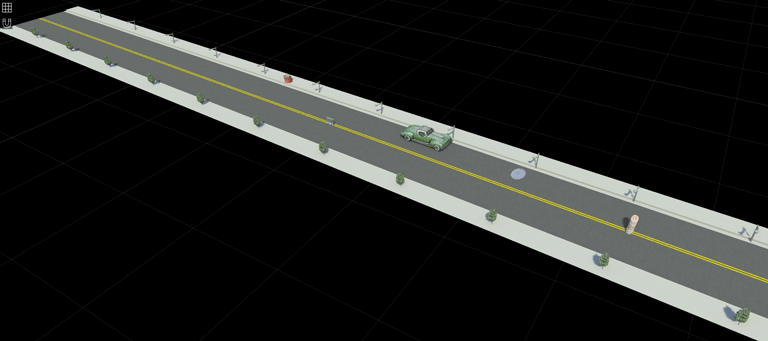 Figure of a scenario created in RoadRunner Scenario which contains the imported 3-D vehicle asset and multiple static assets that includes a traffic object, manhole, post box, barriers, trees, and traffic lamps.