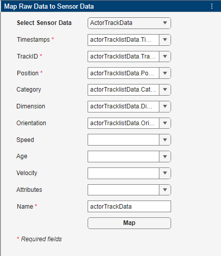 Mapping of the imported raw actor track data to the sensor data object actorTrackData.