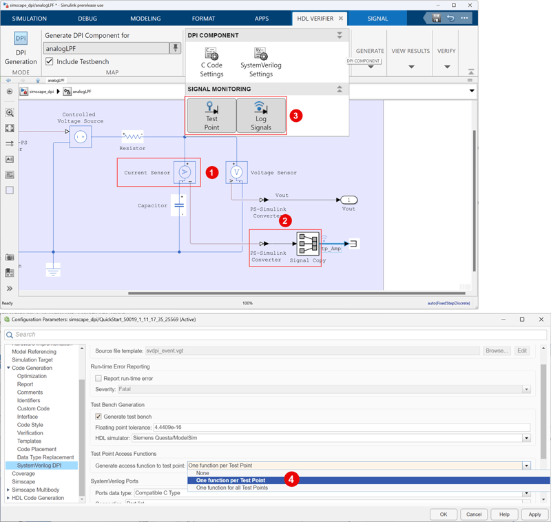 Simulink toolstrip highlighted with signal selected, and "Test Point" and "Log Signals" selected.