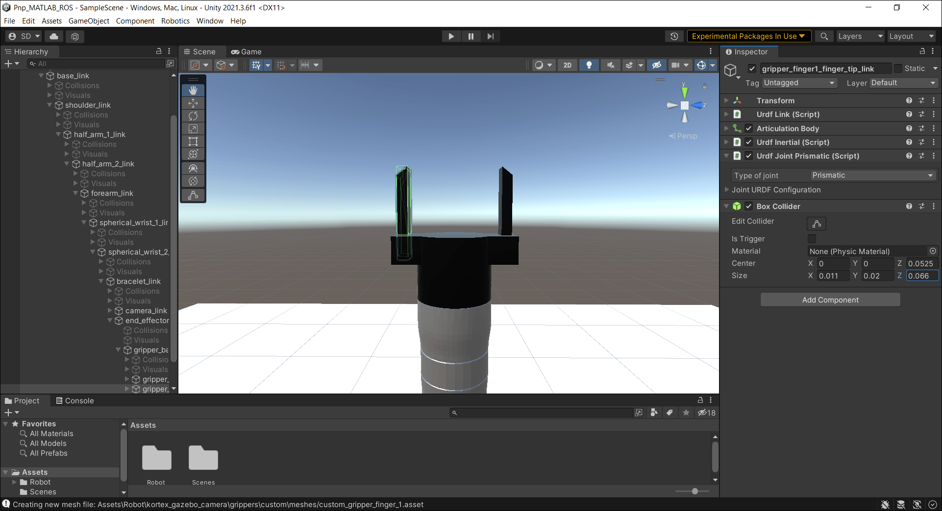 Screenshot of adding collision boxes to the gripper fingers of the robot model in Unity
