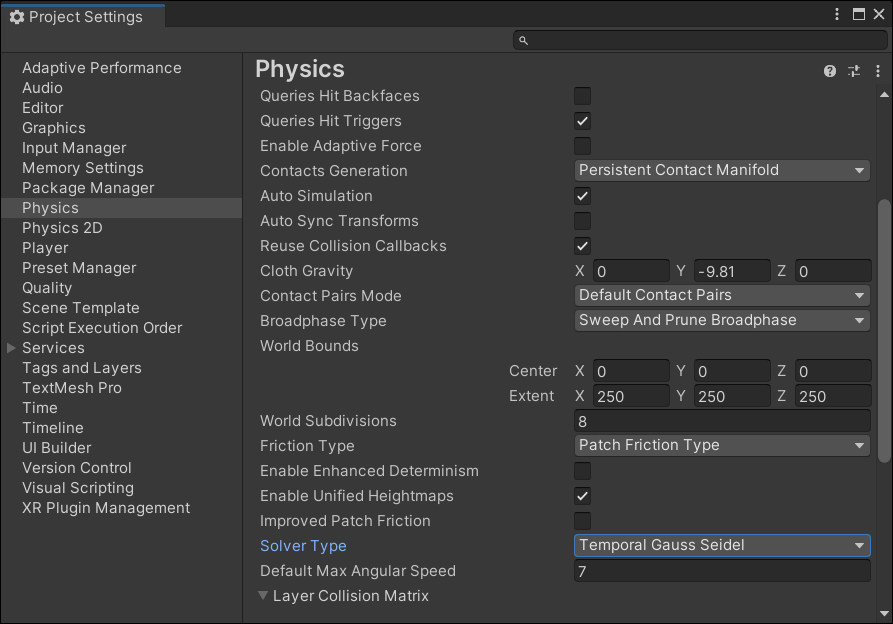 Screenshot of setting Physics solver type in Unity scene