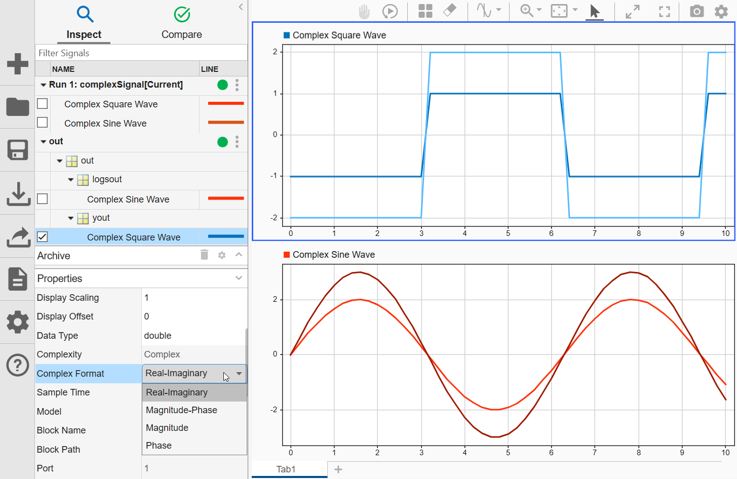 Two complex signals displayed in separate subplots in the Simulation Data Inspector, with the Complex Format dialog open.